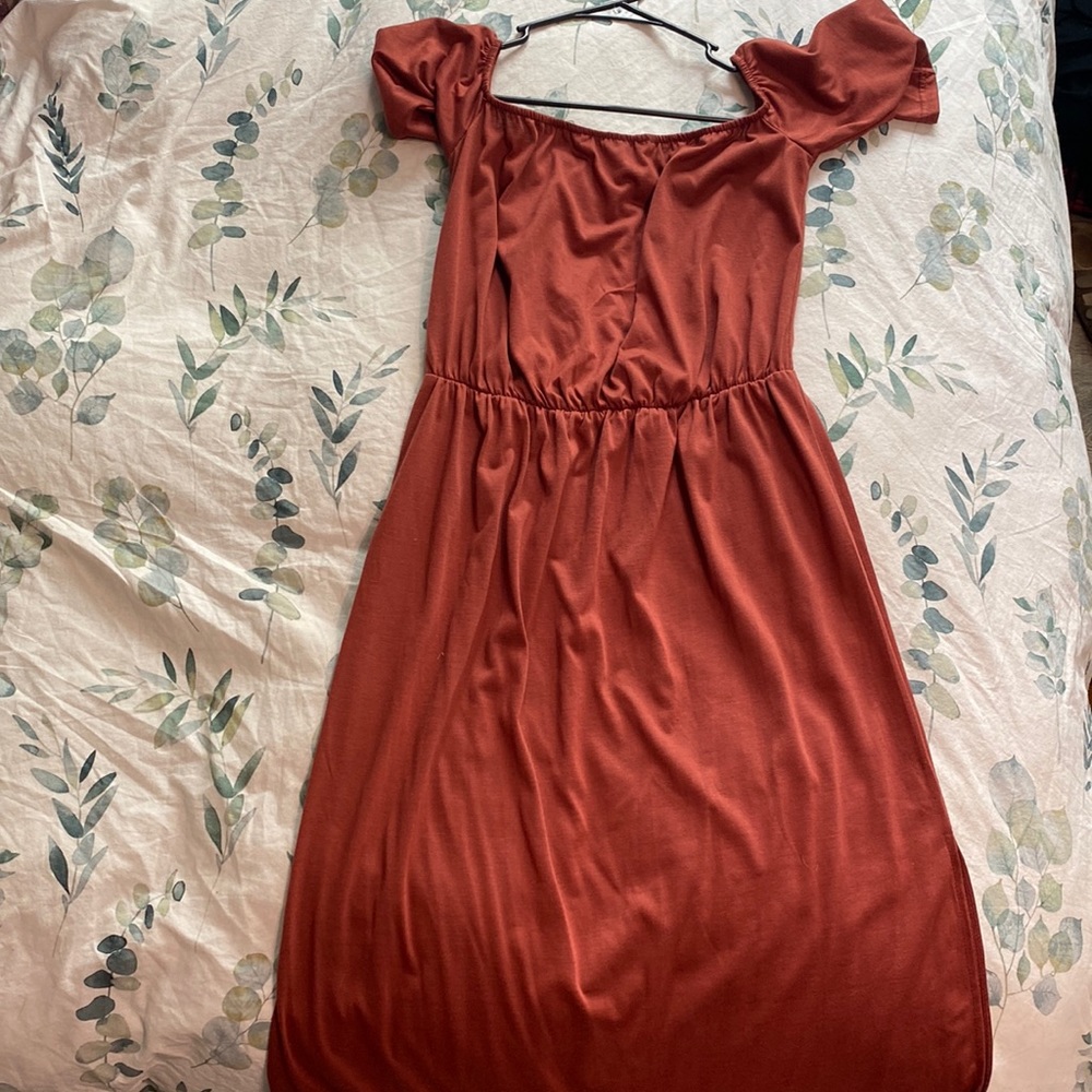 Off the shoulder, rustic brown dress